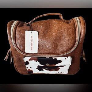 NWT Lucky Brand Brown/White Leather Toiletries Backpack Style Bag. Men or Women